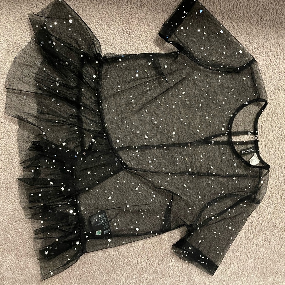 Sparkly & transparent blouse with small crop black crop top.